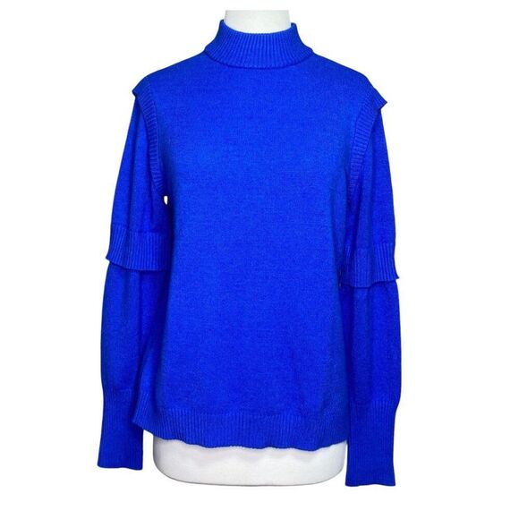 H Halston Solid Blue Sweater Size Medium Layered Sleeves - Picture 1 of 8